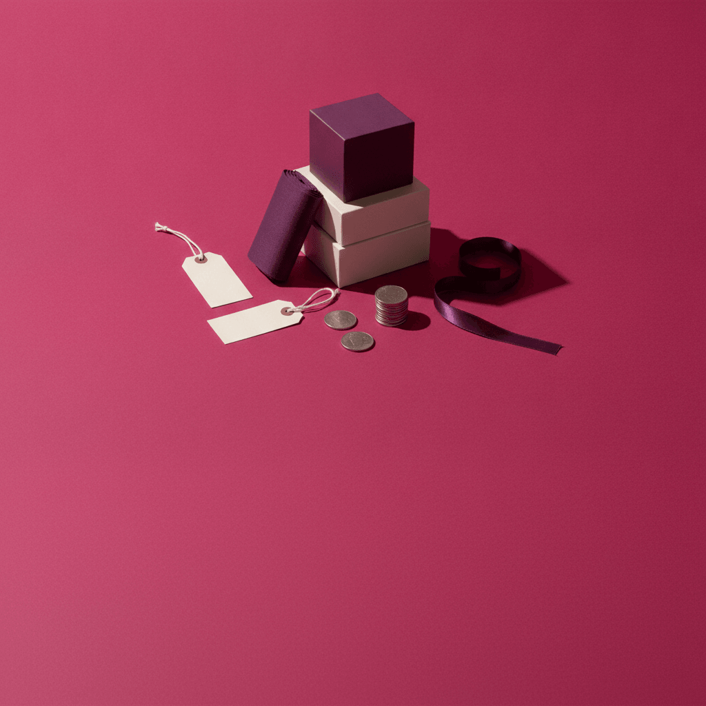 Plain boxes stacked on a raspberry ground with a roll of plum cloth, two blank tags, coins and a curl of ribbon, under hard light.