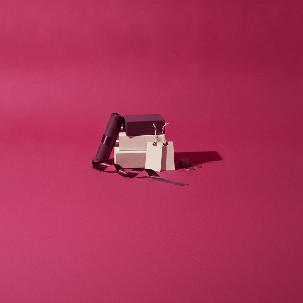 Studio still life on a raspberry backdrop: stacked plain boxes, a roll of plum cloth, blank tags, a ribbon and a few coins, lit hard from the left.