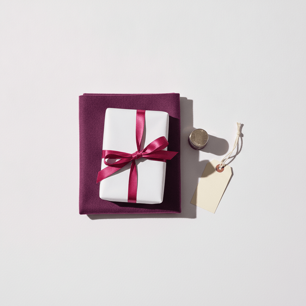 A white parcel tied with a raspberry ribbon on a folded plum cloth, beside a short stack of coins and a blank paper tag, on a white ground.