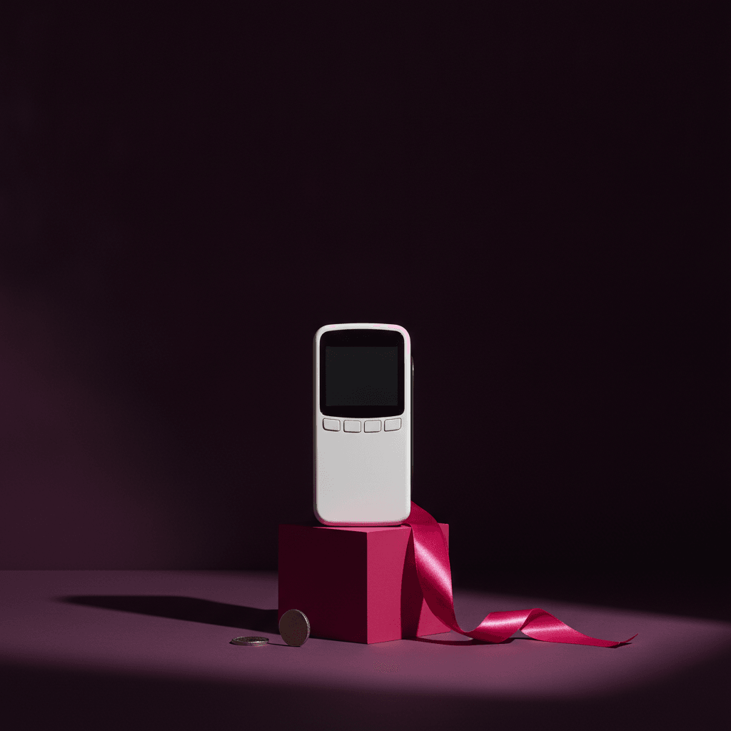 A plain white card terminal with a blank screen standing on a raspberry cube, a raspberry ribbon and two coins beside it, in a pool of hard light on a dark plum set.